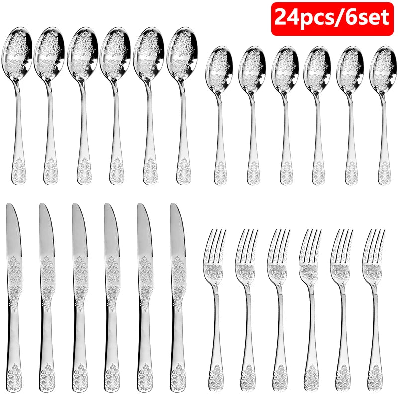 Luxury Gold Silverware Set | Vintage Carved Stainless Steel Cutlery 16/24Pcs