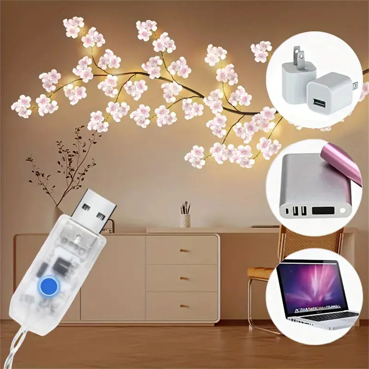 Ozdobne lampki led wiśnia na gałęzi rattanowej usb, 96 diod, 8 trybów