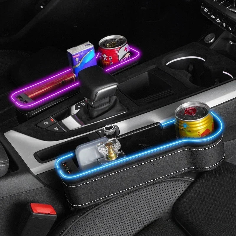 Organizer szczelinowy do samochodu z podwójną ładowarką usb i led – uchwyt na telefon, karty, kubki