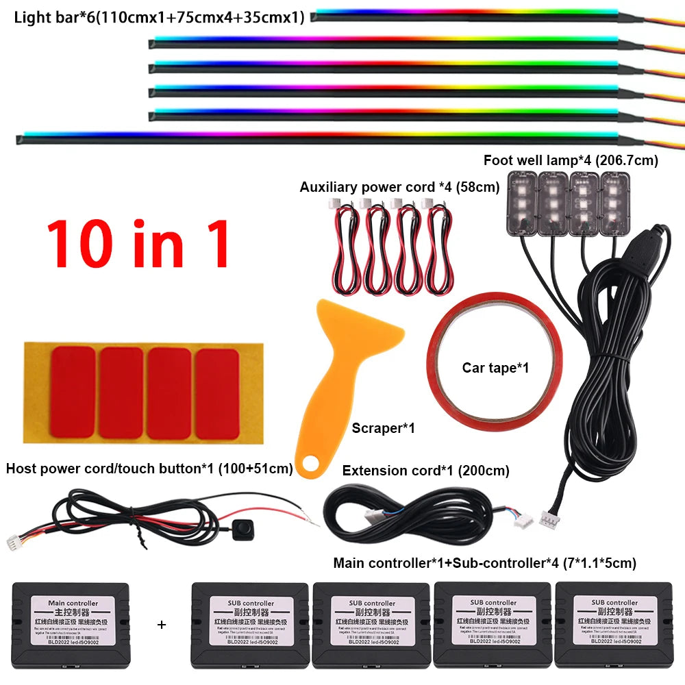 18-in-1 Car Interior RGB Ambient Light Kit - 64 Colors, App Controlled Symphony Lighting