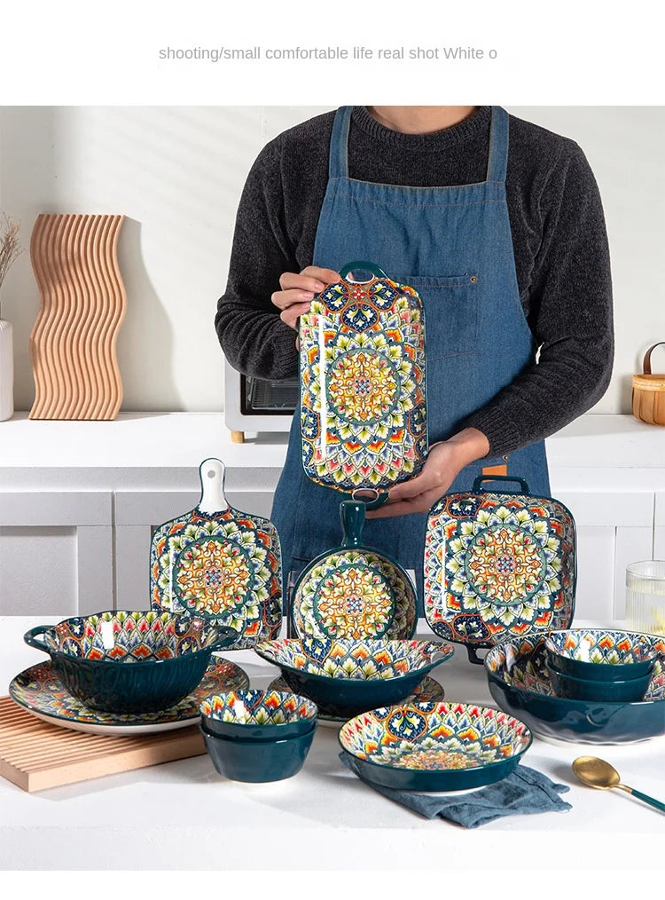 Bohemia Retro Ceramic Dinner Plate Set - Elegant Household Tableware