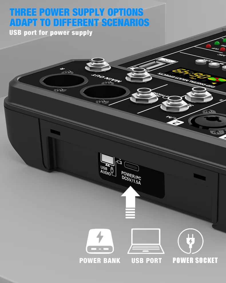 Mikser audio 4-kanałowy bluetooth z zasilaniem phantom 48v do komputera i karaoke