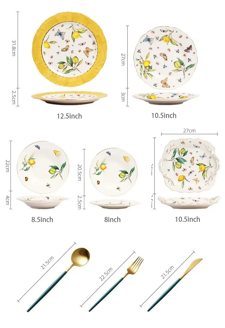 Europejski zestaw obiadowy ceramiczny z cytrynami - talerze i filiżanki