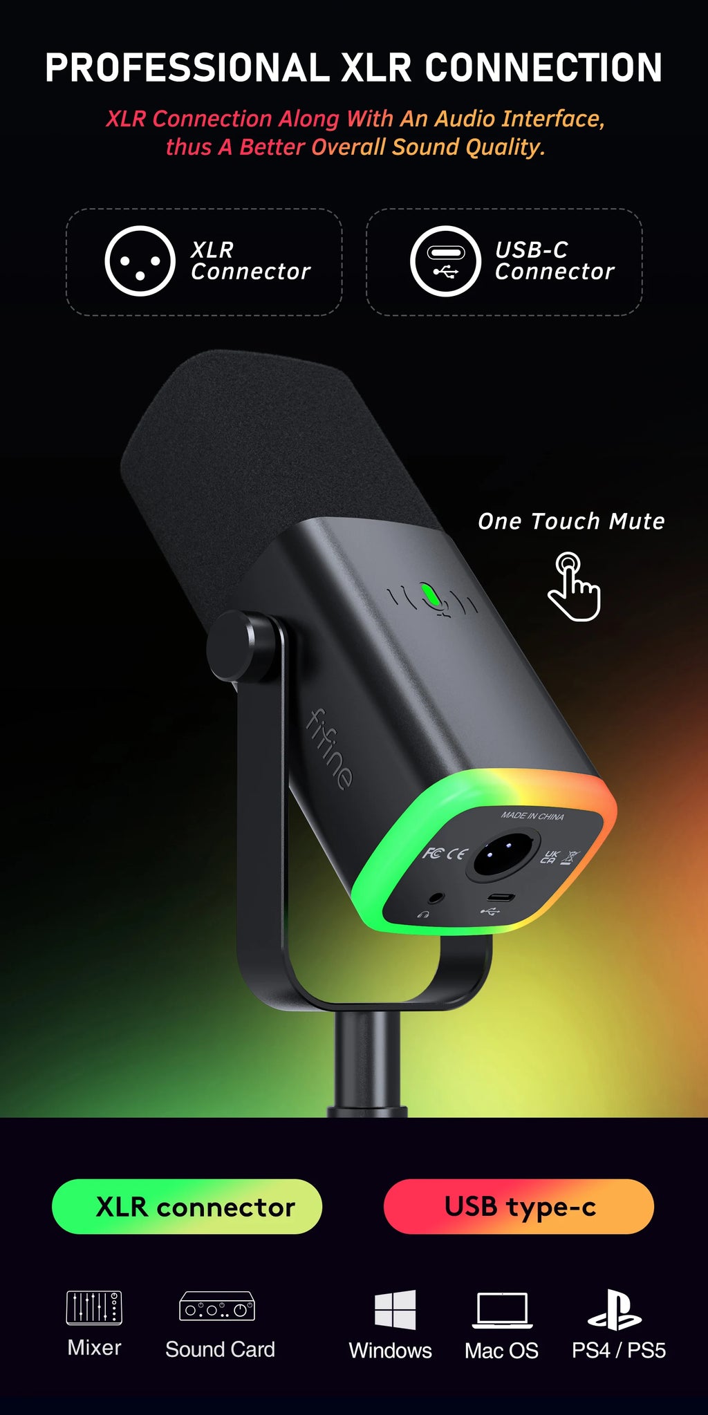 Mikrofon dynamiczny fifine am8 usb/xlr do gier z wyciszeniem i gniazdem słuchawkowym