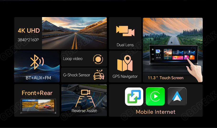 K2 pro 11.3" 4k bezprzewodowy carplay android auto kamera samochodowa z gps i podwójnym obiektywem