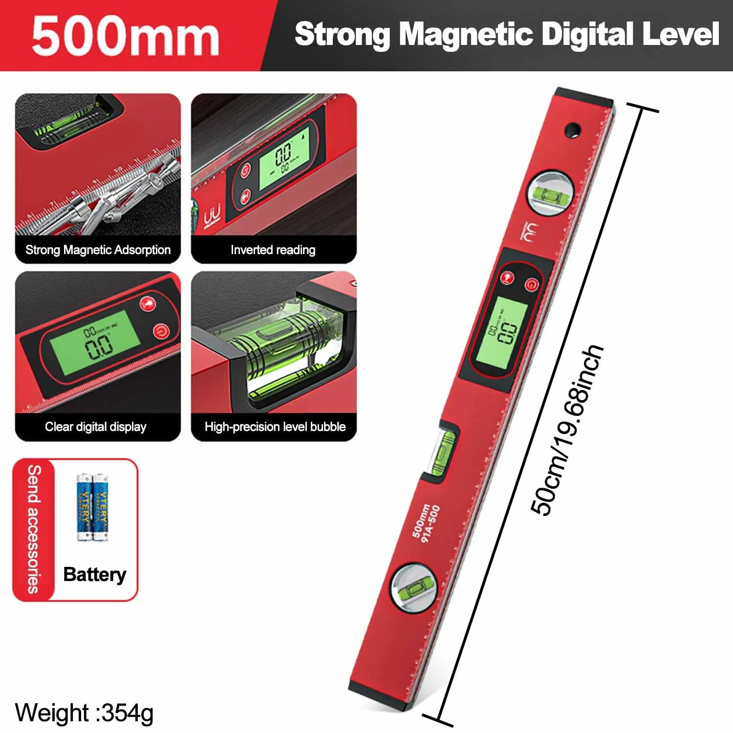 Digital Level Ruler & Angle Meter - Magnetic Aluminum Protractor 30/40/50cm