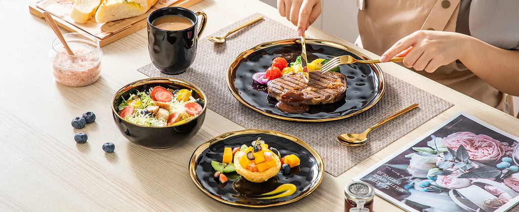 LOVECASA 16/32-Piece Black Porcelain & Gold Dinnerware Set