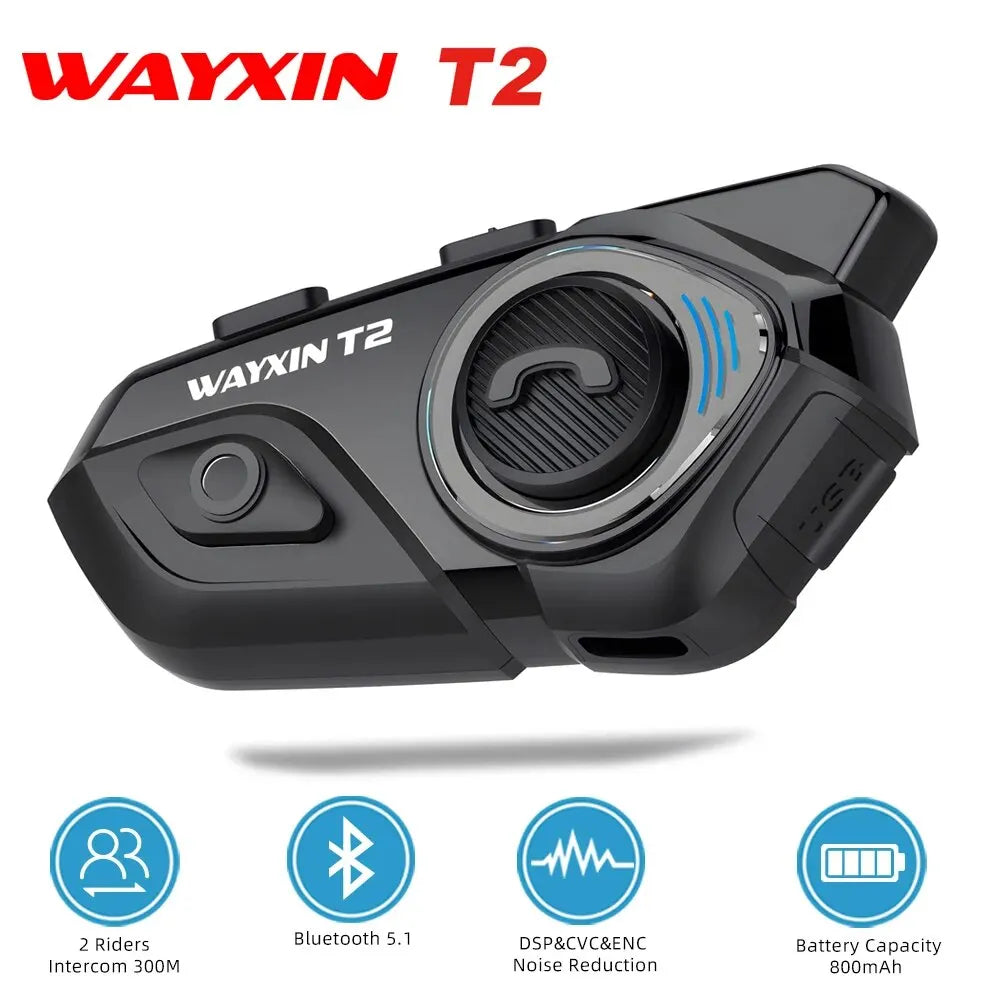 Wayxin t2 motocyklowy interkom bluetooth - 2 jeźdźców, 300m, bt 5.1, wodoodporny zestaw słuchawkowy