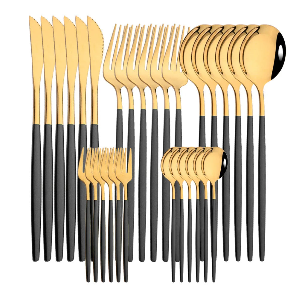 30-Piece Black Gold Stainless Steel Dinnerware Set | Kitchen Cutlery