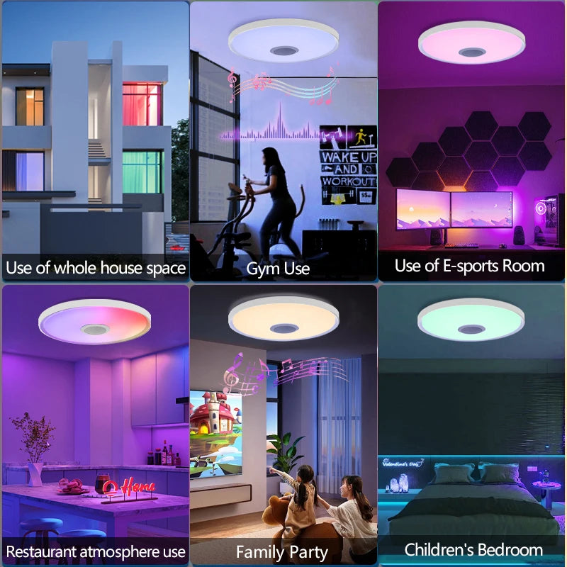 Inteligentna lampa sufitowa led rgb z głośnikiem – ściemnialna, sterowanie aplikacją
