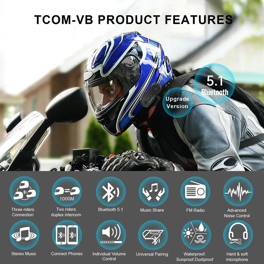 Freedconn t-com vb motocyklowy interkom bluetooth | zestaw słuchawkowy dla 6 motocyklistów i radio fm