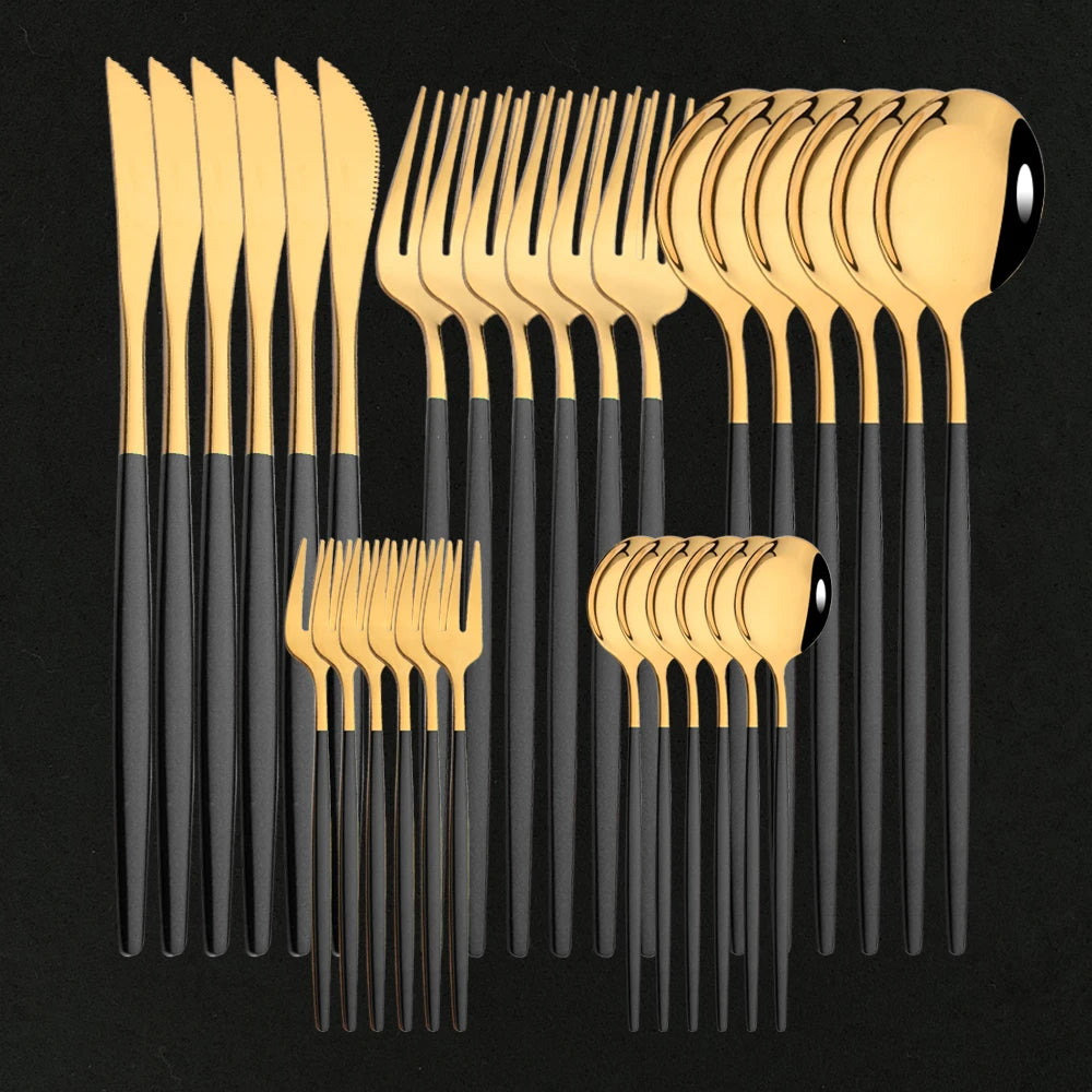 30-Piece Black Gold Stainless Steel Dinnerware Set | Kitchen Cutlery