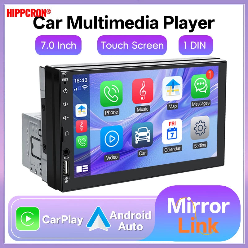 Radio samochodowe hippcron 7 cali 1 din - odtwarzacz multimedialny carplay android auto