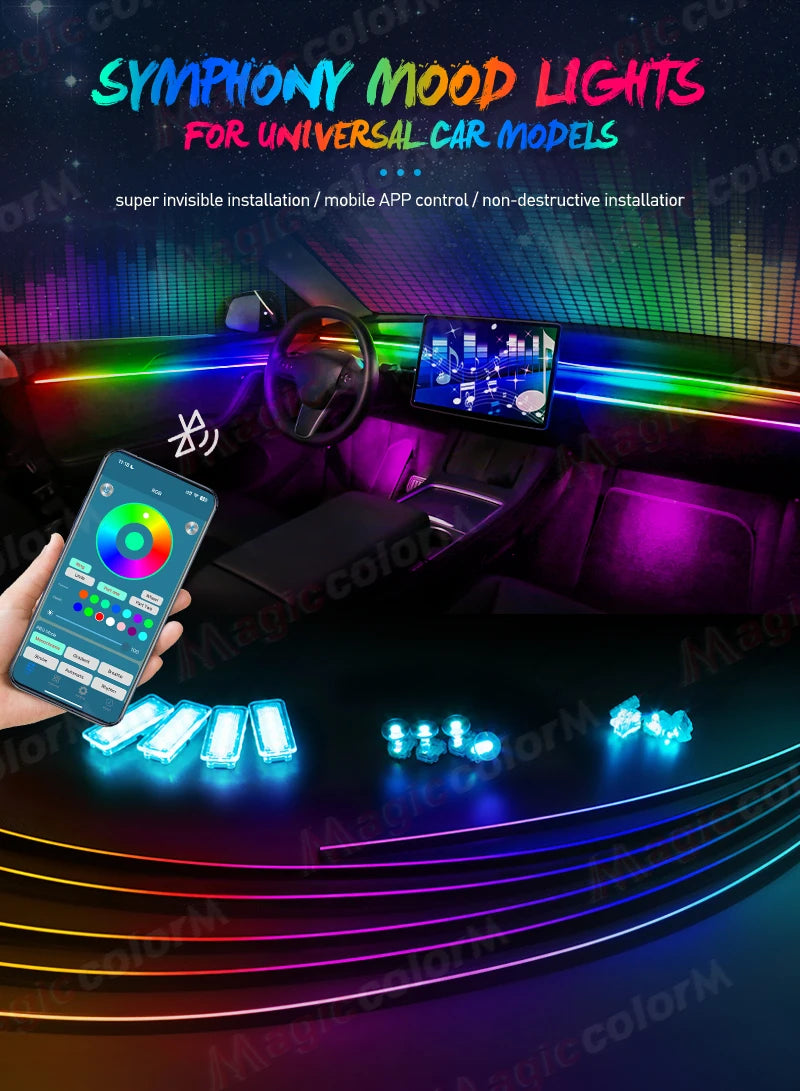 Zestaw 18-w-1 samochodowych lamp ambientowych led – rgb symfonia strumieniowa bluetooth