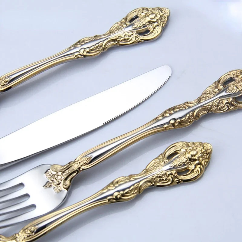 Luxury Retro Gold Silverware Set | 5-Piece 304 Stainless Steel Cutlery