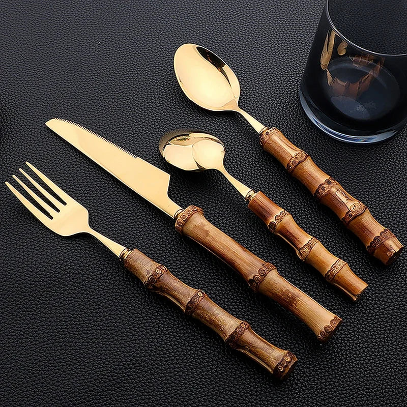 24Pcs Bamboo Handle Stainless Steel Cutlery Set - Natural Flatware