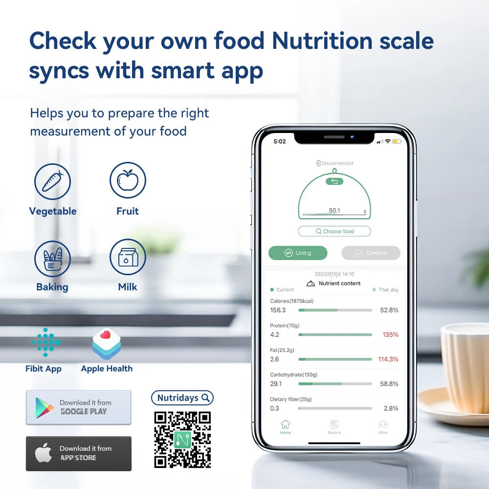 Smart Kitchen Nutrition Scale - 5kg Digital Food Scale with Calorie Calculator APP