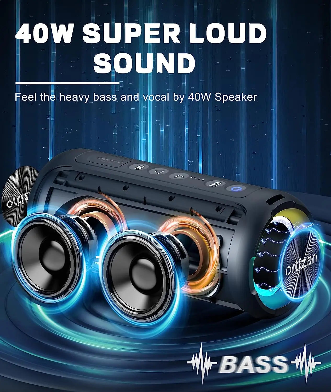 Ortizan głośnik bluetooth 40w wzmocniony bas ip7 wodoodporny zewnętrzny