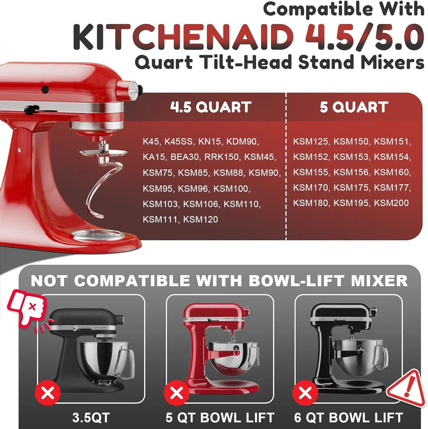 Hak spiralny do ciasta do mikserów kitchenaid tilt-head (4.5-5 qt), można myć w zmywarce