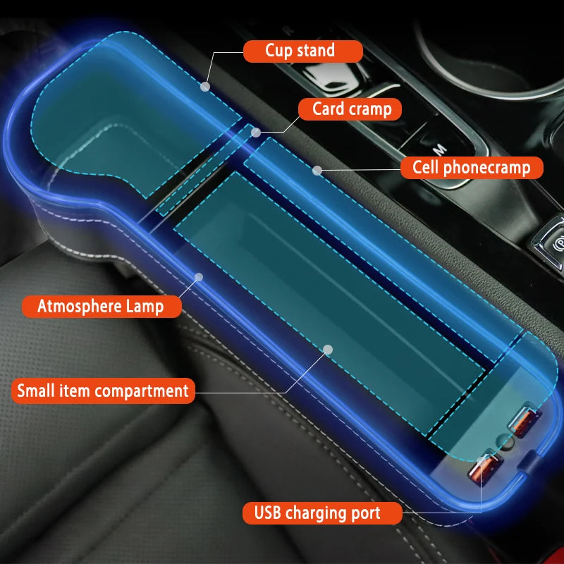Wypełniacz luki fotela samochodowego i organizer z led i podwójną ładowarką usb