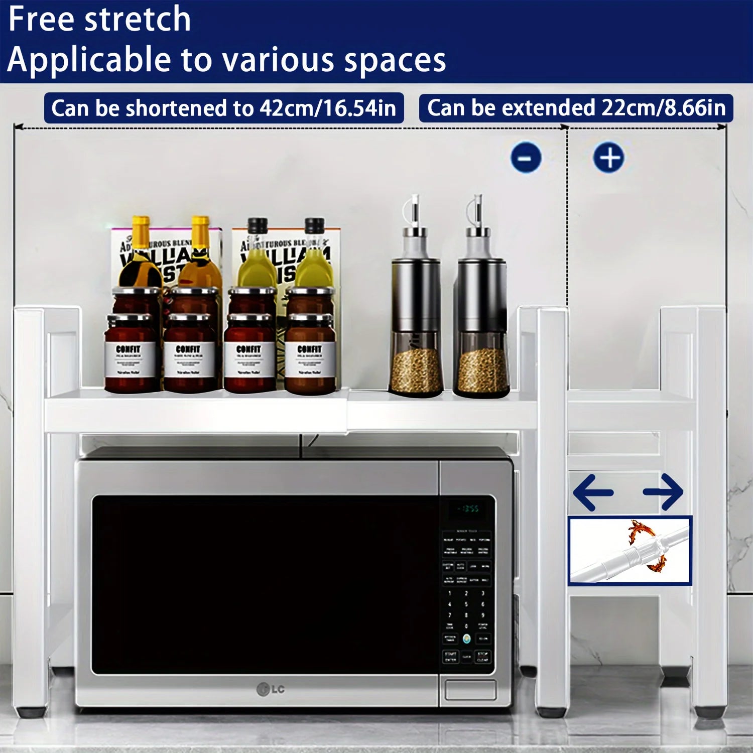 Expandable Microwave Shelf with 6 Hooks - Kitchen Storage Rack
