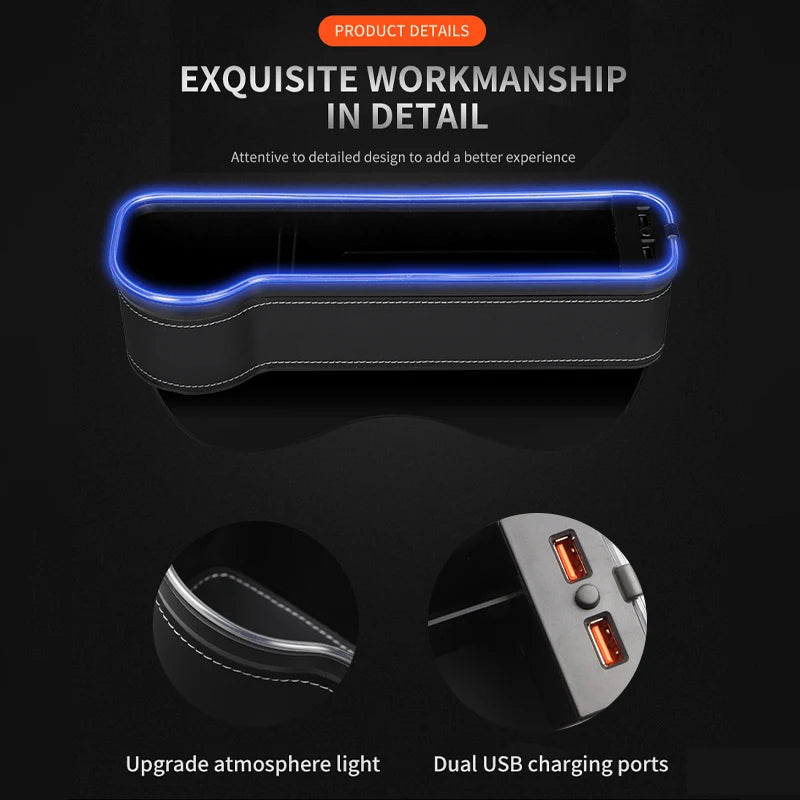 Wypełniacz luki fotela samochodowego i organizer z led i podwójną ładowarką usb