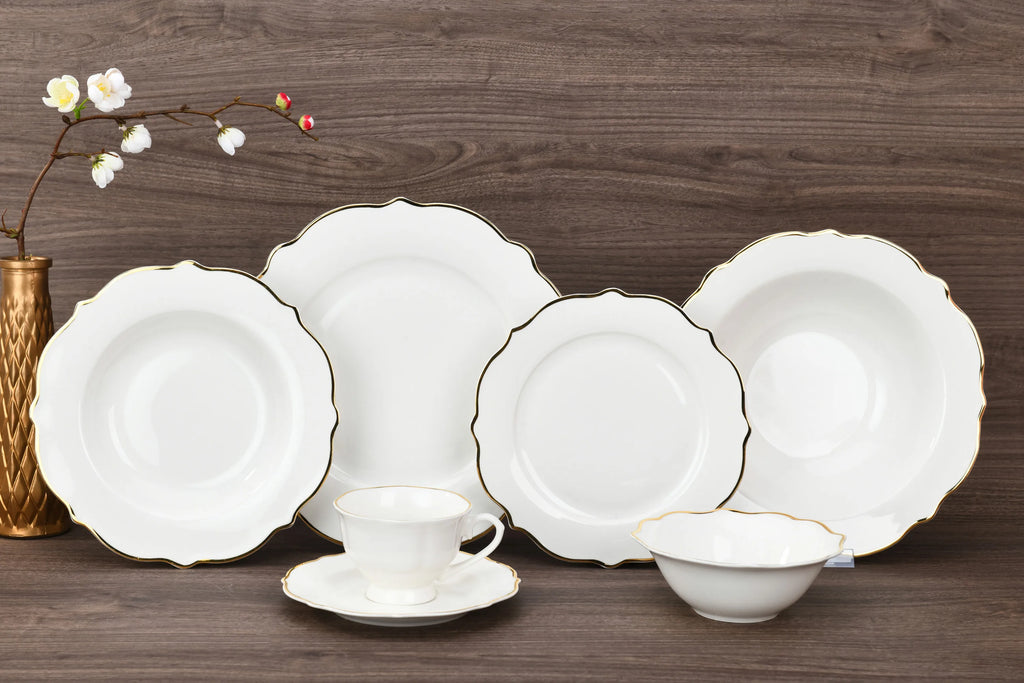 Vabena 62-Piece Bone China Luxury Dinnerware Set with Gold Rim - Elegant Dining