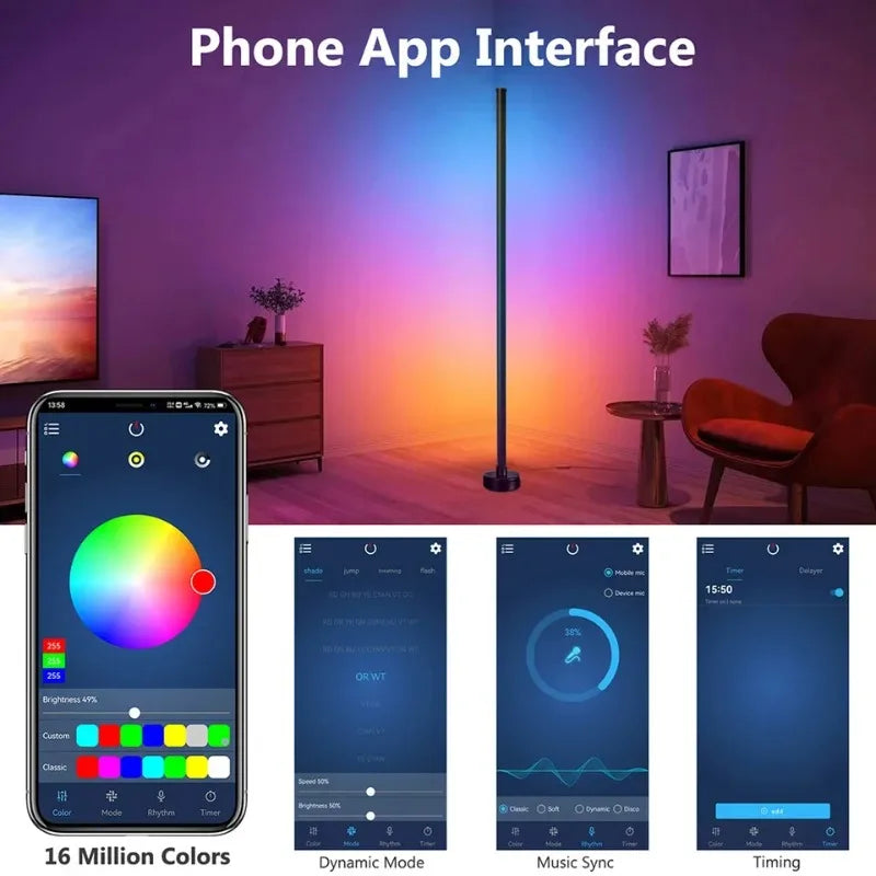 Smart RGB LED Corner Floor Lamp | App & Remote Control | Music Sync Gaming Light