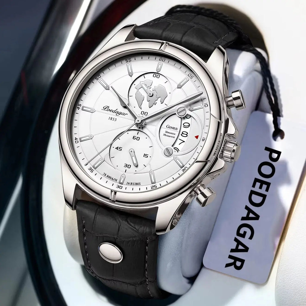Poedagar luksusowy zegarek męski chronograf wodoodporny skórzany