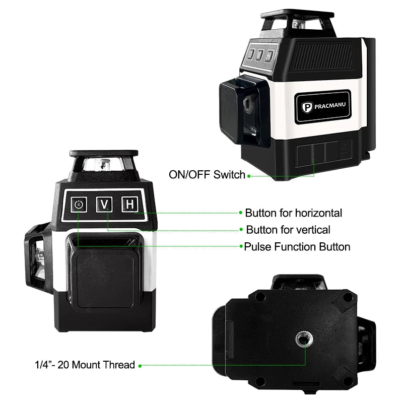 Pracmanu 12-Line 3D Green Laser Level - Self-Leveling 360° Precision Tool