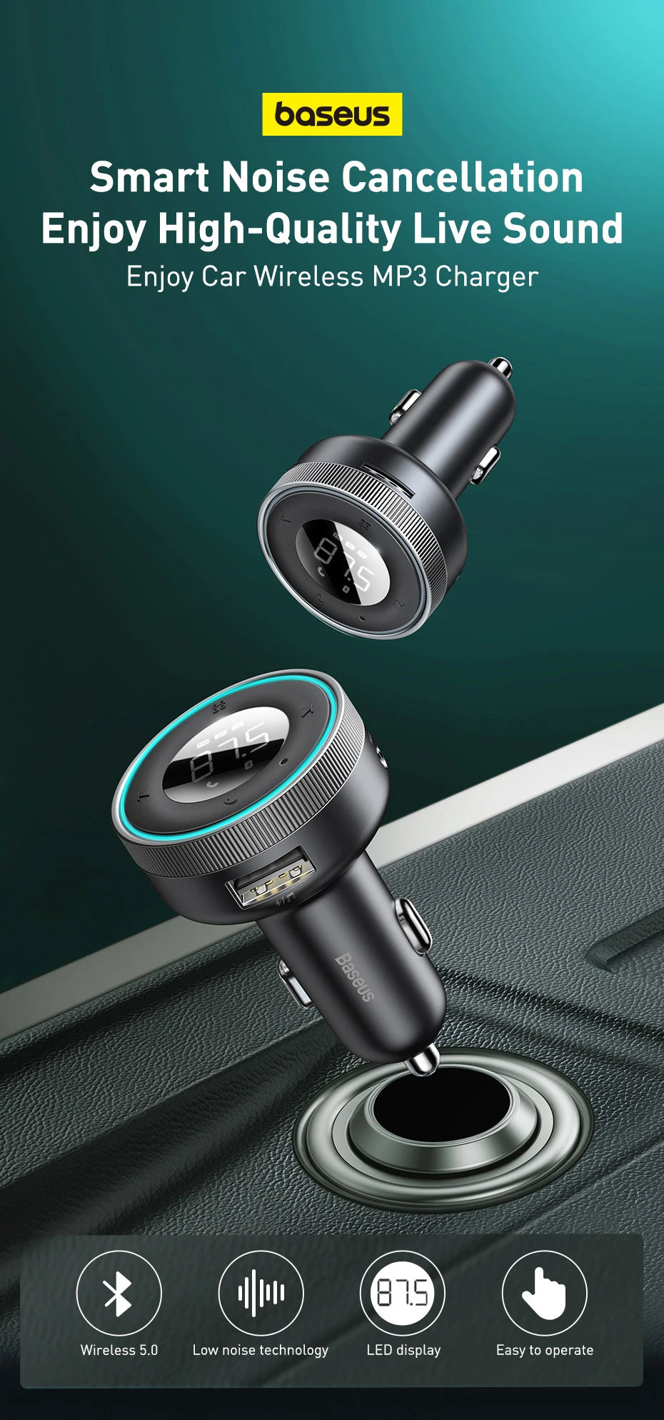 Baseus transmiter fm bluetooth 5.0 i ładowarka samochodowa | bezprzewodowe audio zestaw głośnomówiący