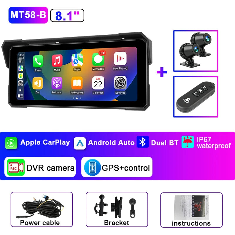 Monitor motocyklowy jansite 8.1" 4k z rejestratorem dvr, carplay i gps