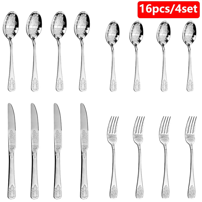 Luxury Gold Silverware Set | Vintage Carved Stainless Steel Cutlery 16/24Pcs