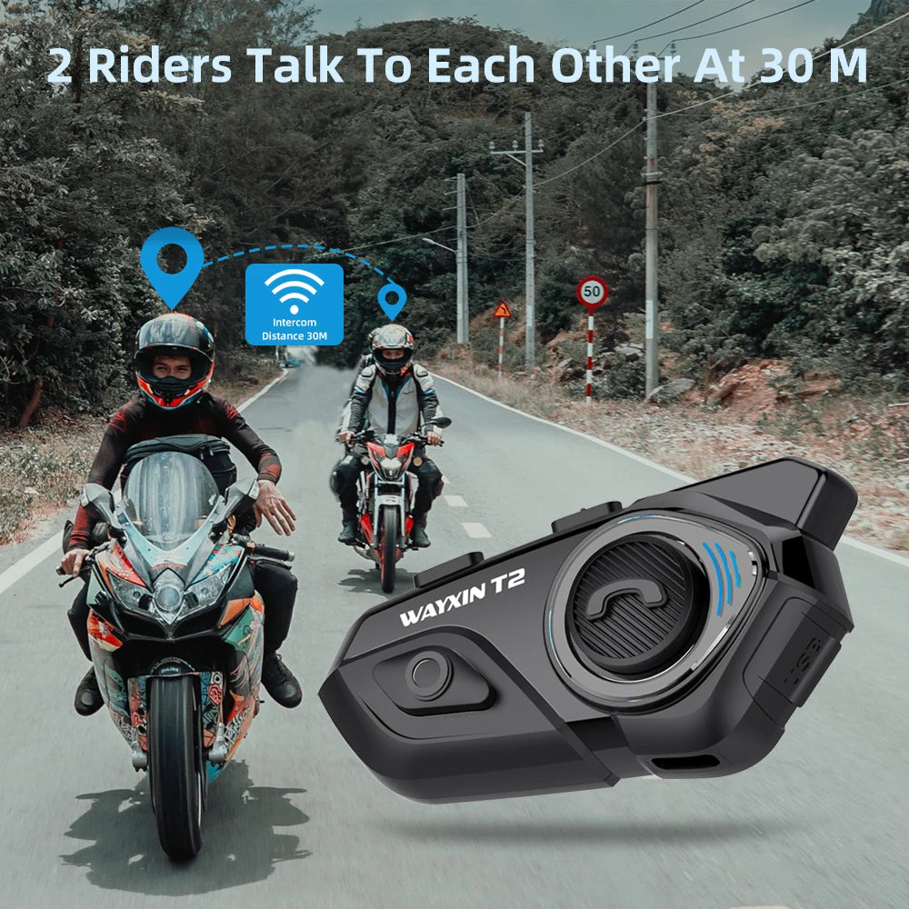 Wayxin t2 motocyklowy interkom bluetooth - 2 jeźdźców, 300m, bt 5.1, wodoodporny zestaw słuchawkowy