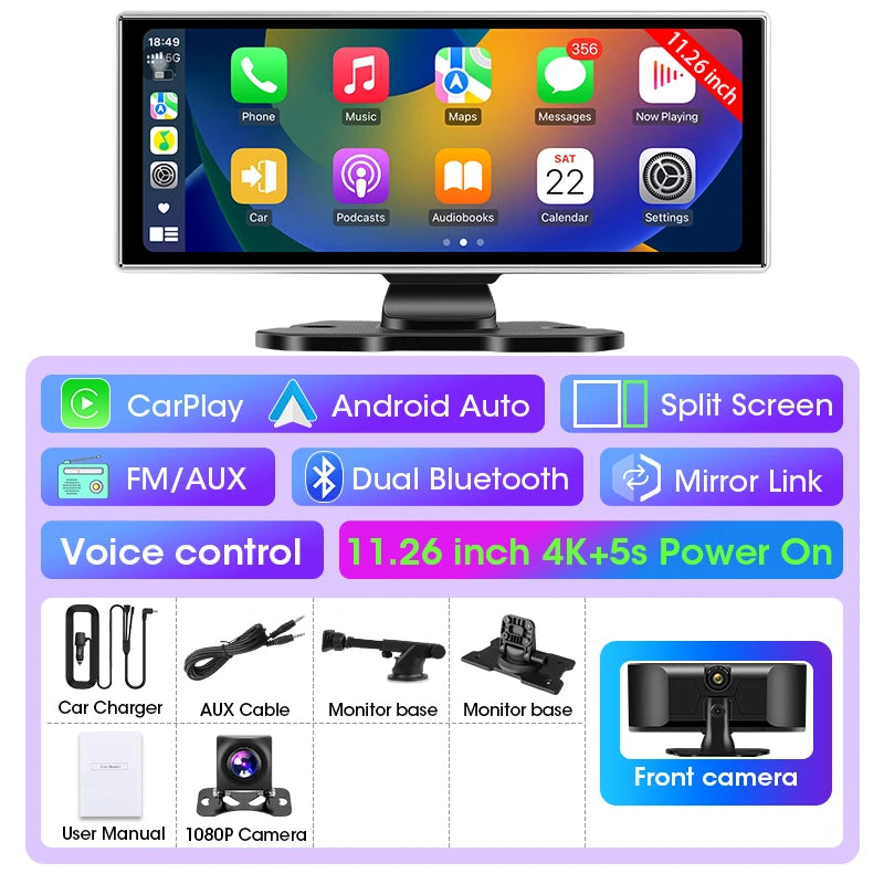 Kamera samochodowa 4k 10/11.26" z bezprzewodowym carplay i android auto | gps | podwójny obiektyw