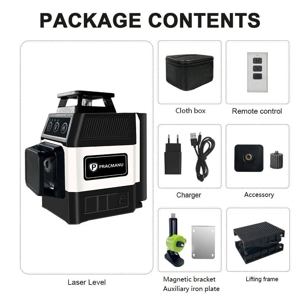 Pracmanu 12-Line 3D Green Laser Level - Self-Leveling 360° Precision Tool