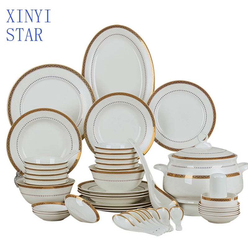 Luxury 58-Pc Gold Rim Bone China Dinnerware Set - Elegant Dining