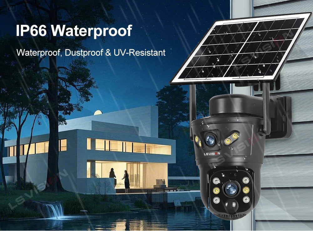 Kamera solarna zewnętrzna ls vision 4g/wifi 8mp z podwójnym obiektywem, pir, kartą sim, widzeniem nocnym i wodoodpornością