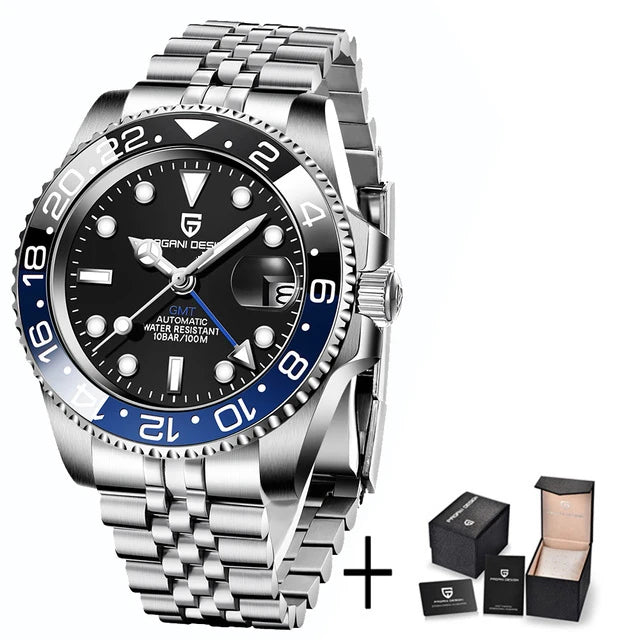 Zegarek mechaniczny męski pagani design pd-1662 luksusowy gmt - szafir, stal, wodoodporny 100m