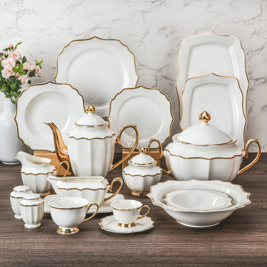 Vabena 62-Piece Bone China Luxury Dinnerware Set with Gold Rim - Elegant Dining