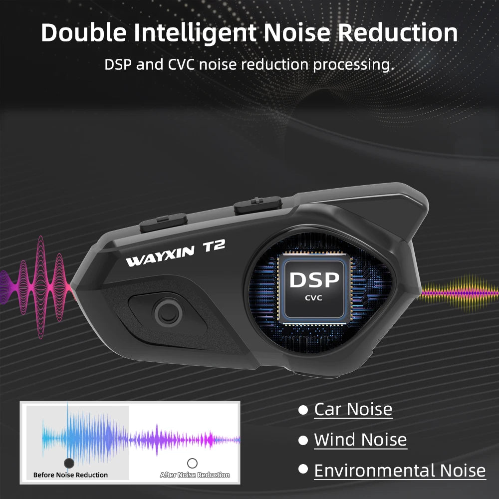 Wayxin t2 motocyklowy interkom bluetooth - 2 jeźdźców, 300m, bt 5.1, wodoodporny zestaw słuchawkowy