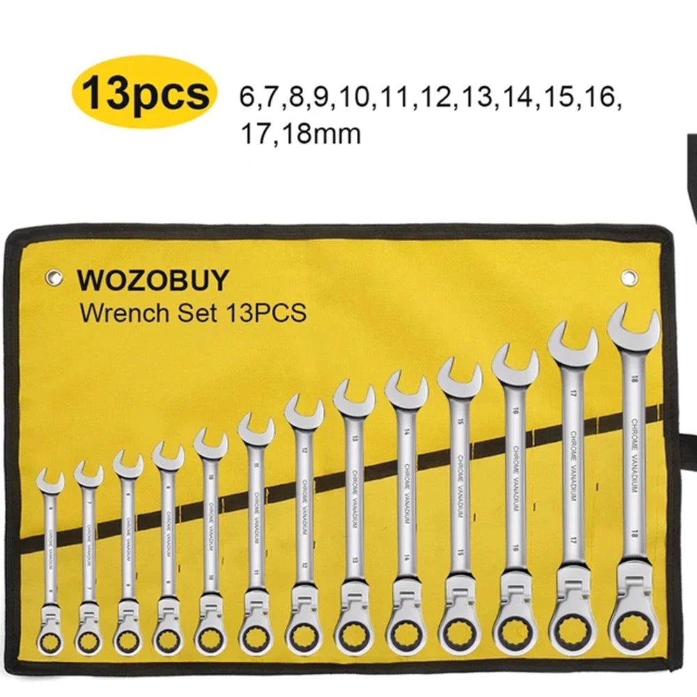 Zestaw kluczy płasko-oczkowych z grzechotką i ruchomą głowicą, metryczny 6-23mm