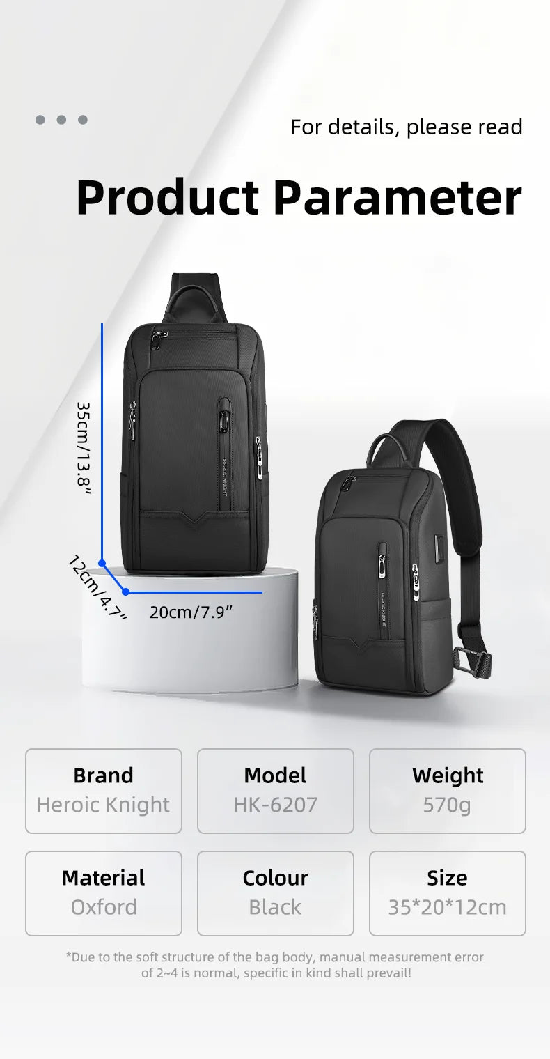 Torba męska na ramię antykradzieżowa hk | wodoodporny sling na klatkę piersiową z usb