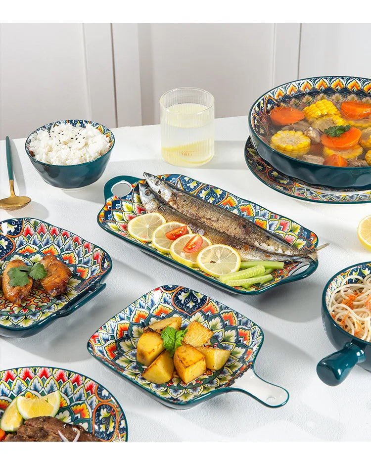 Bohemia Retro Ceramic Dinner Plate Set - Elegant Household Tableware
