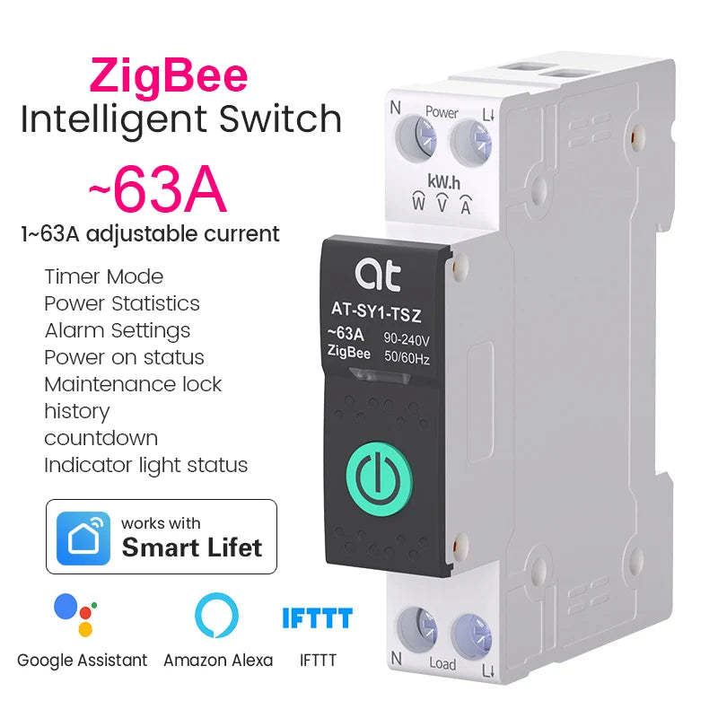 Inteligentny wyłącznik nadprądowy tuya wifi 1p+n 63a – sterowanie zdalne, monitoring energii, asystent głosowy