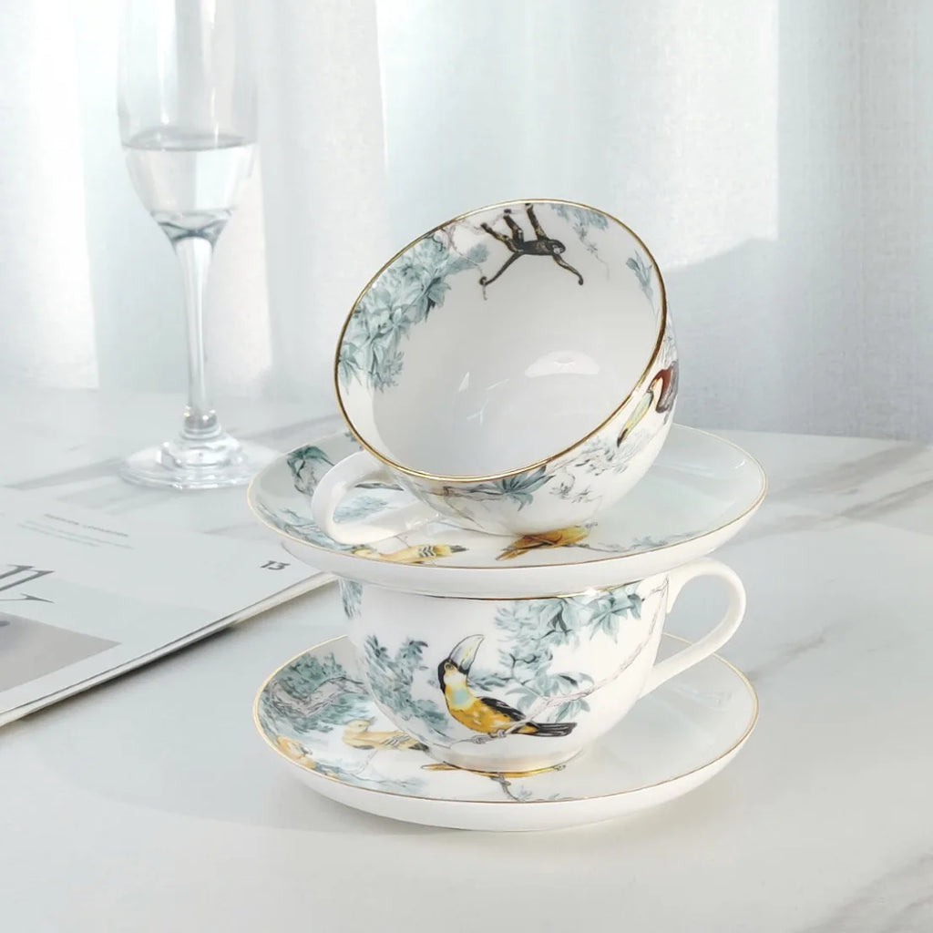 Zestaw kawowy z porcelany kostnej jungle floral | elegancka zastawa stołowa