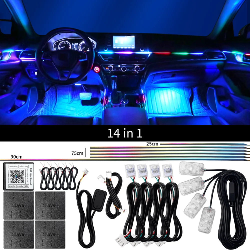 Zestaw 18-w-1 dwustrefowego nastrojowego oświetlenia samochodowego rgb z kontrolą aplikacją