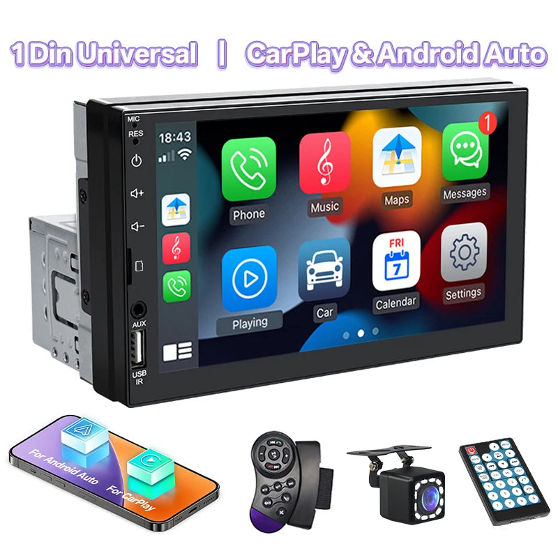 Radio samochodowe hippcron 7 cali 1 din - odtwarzacz multimedialny carplay android auto