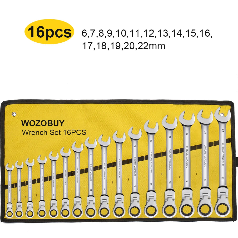 Zestaw kluczy płasko-oczkowych z grzechotką i ruchomą głowicą, metryczny 6-23mm