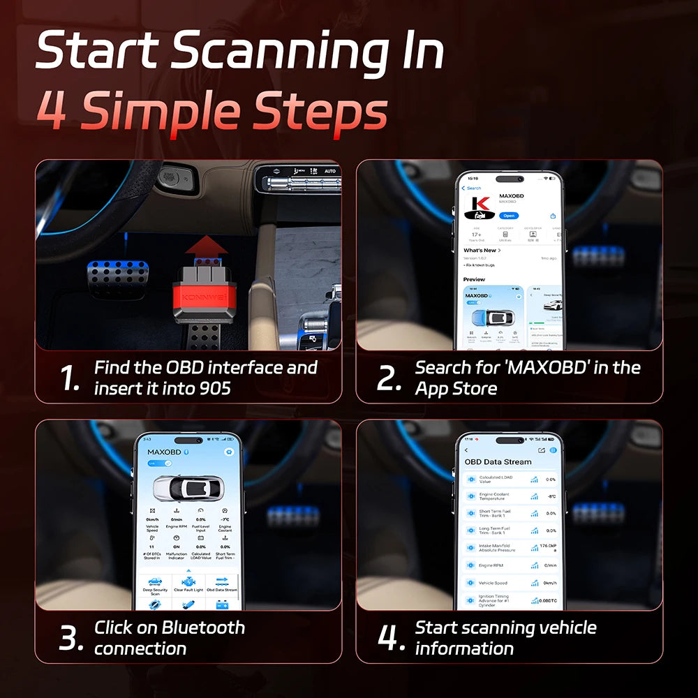Skaner samochodowy 2026 konnwei kw905 obd2 bluetooth 5.0 do diagnostyki pojazdów